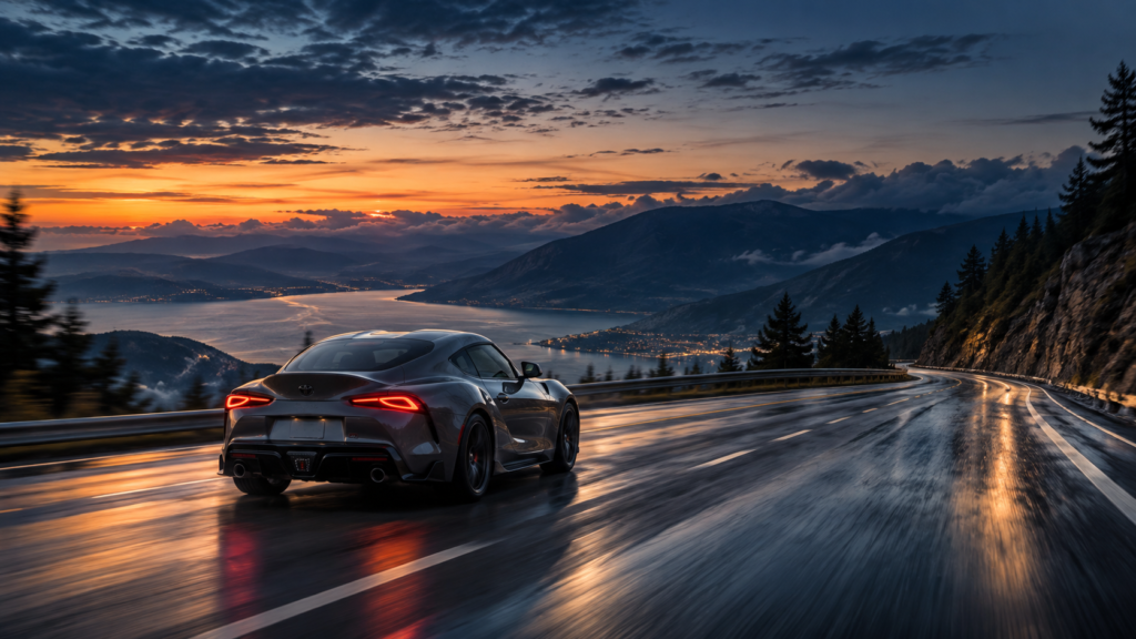 sports coupe driving on a scenic mountain road at sunset