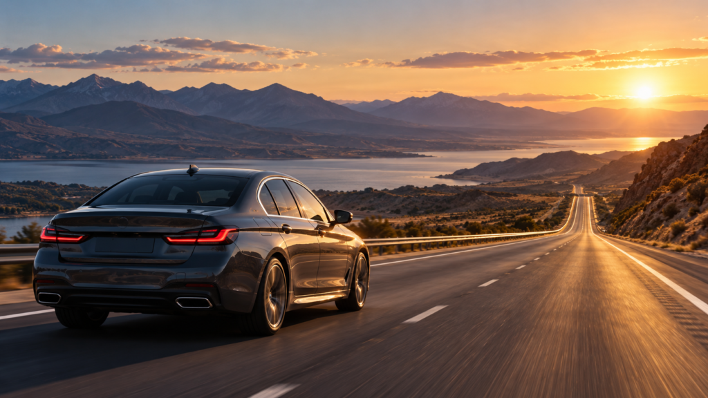 luxury sedan driving on an open highway at sunset
