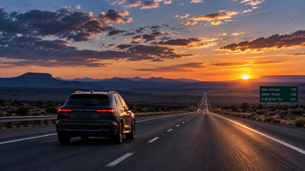 SUV driving on an open highway at sunset