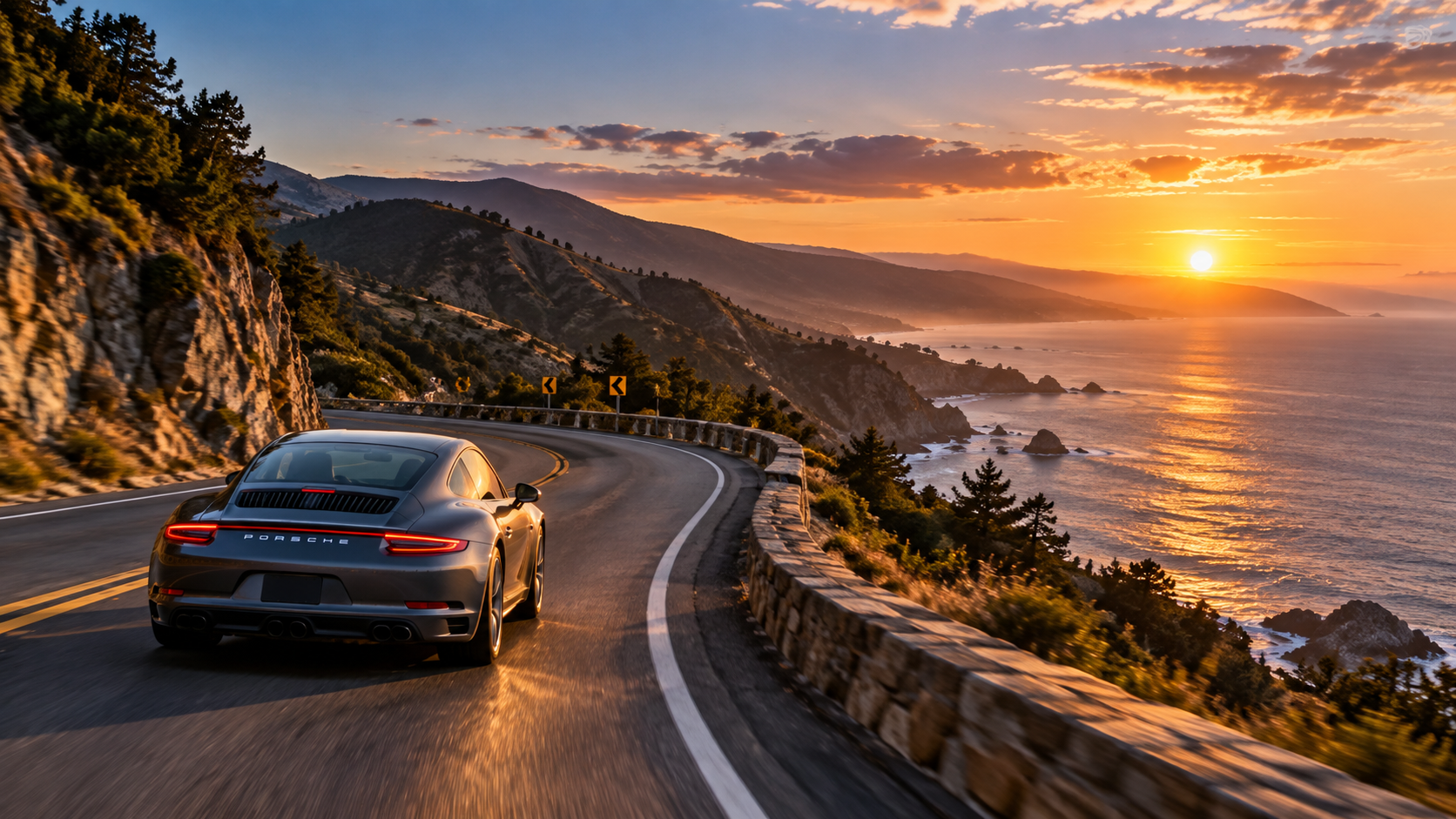 sports car driving on a scenic coastal mountain road at sunset