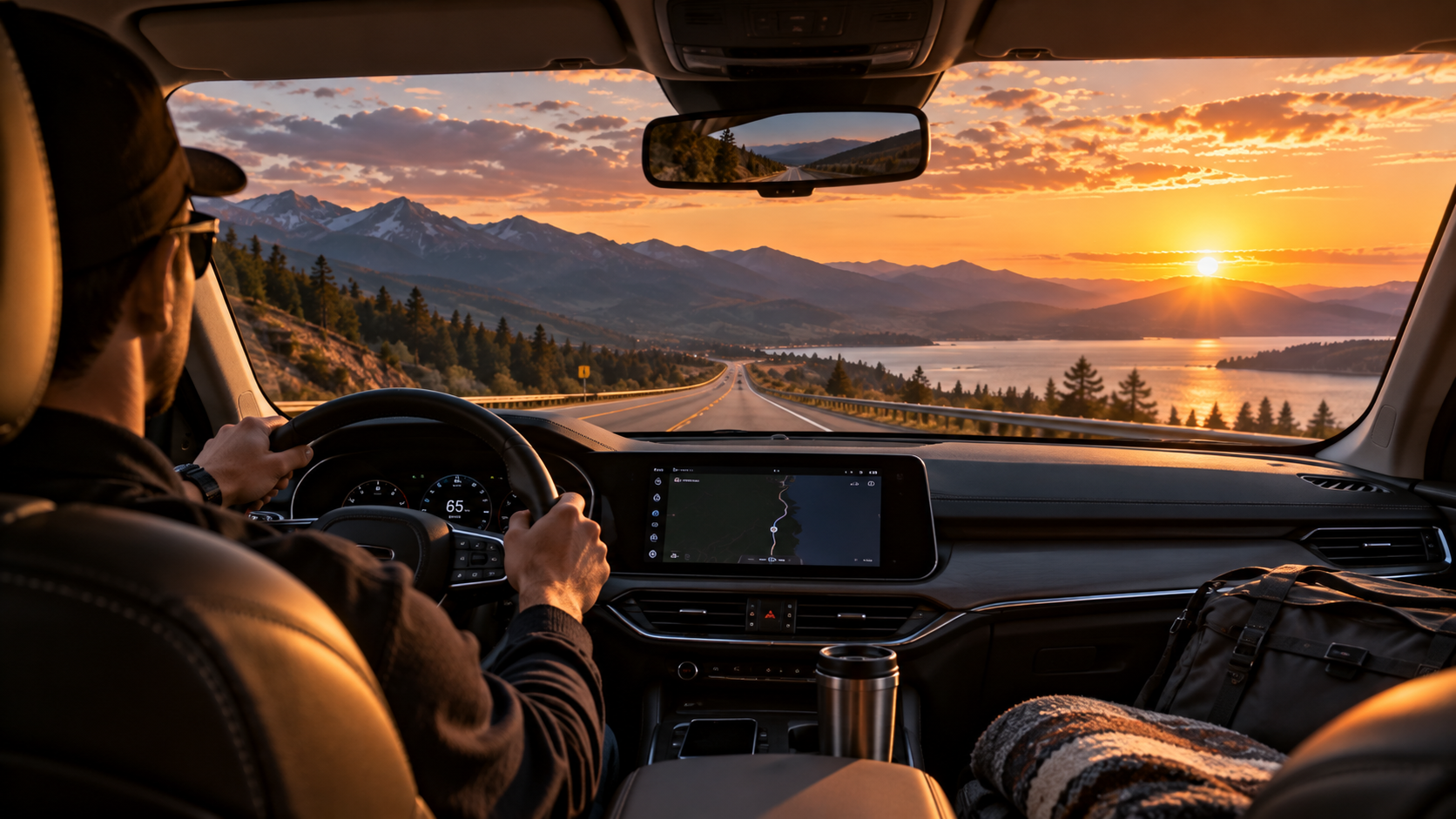driver enjoying a peaceful long drive on an open highway at sunset
