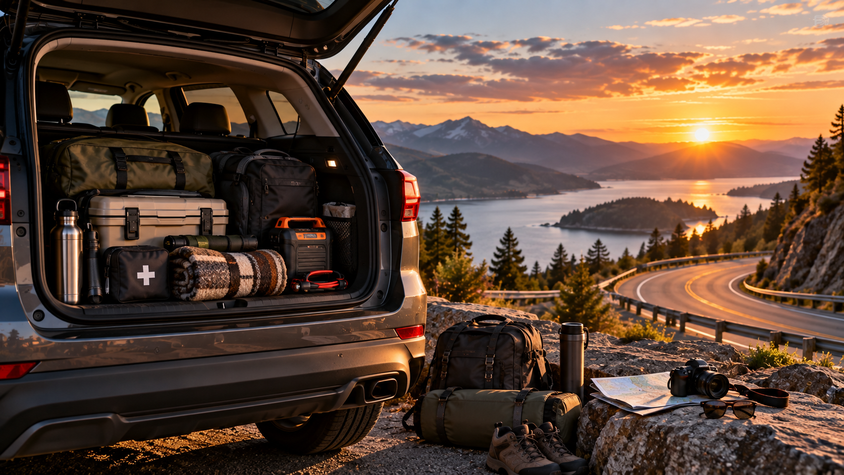 **Alt Text:** `road trip essentials packed in an SUV trunk beside a scenic mountain highway`