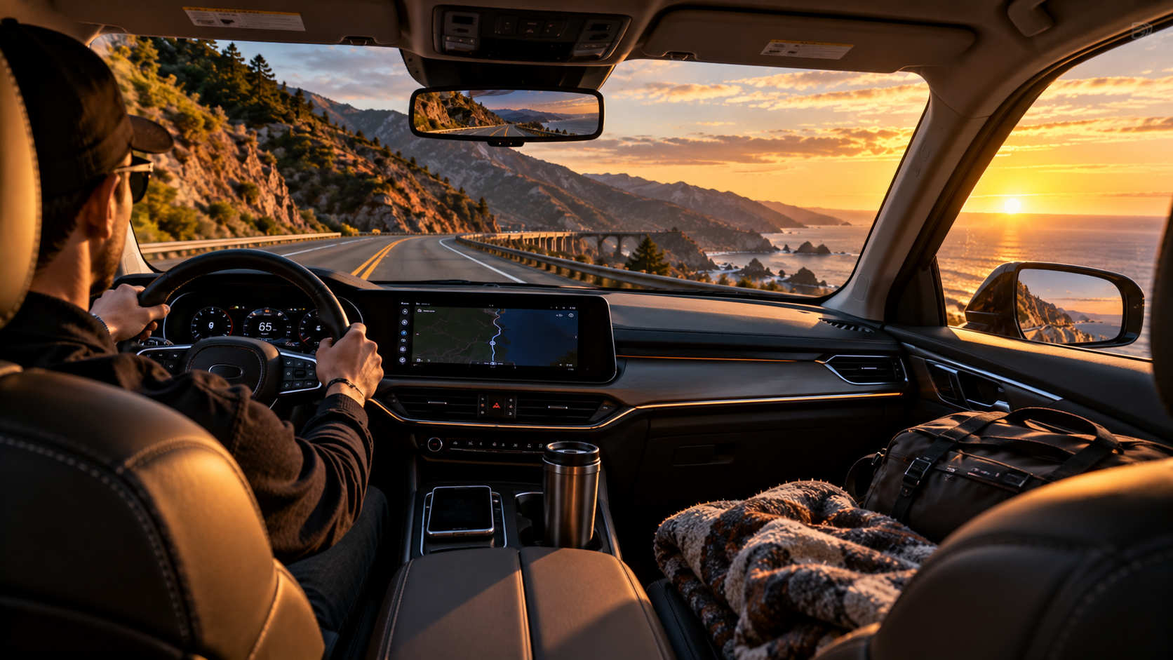 **Alt Text:** `comfortable car interior during a long road trip on a scenic coastal highway`