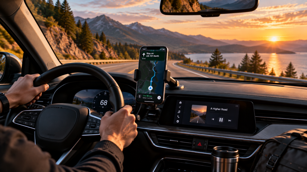 **Alt Text:** `smartphone mounted securely on a car dashboard during a scenic road trip`