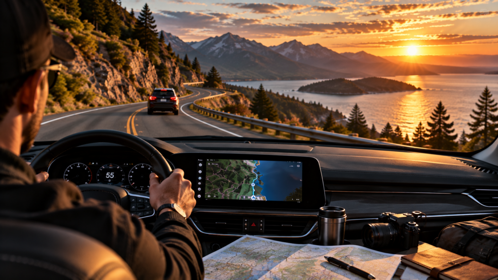 **Alt Text:** `car following a scenic road trip route through mountains at sunset`