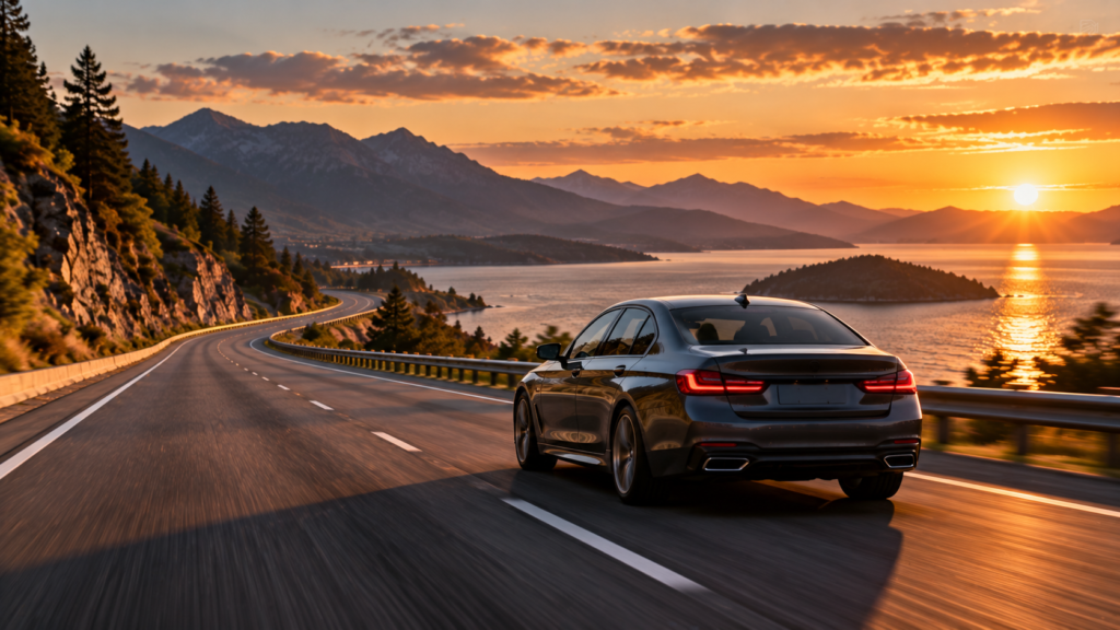 comfortable luxury car cruising on an open highway at golden hour