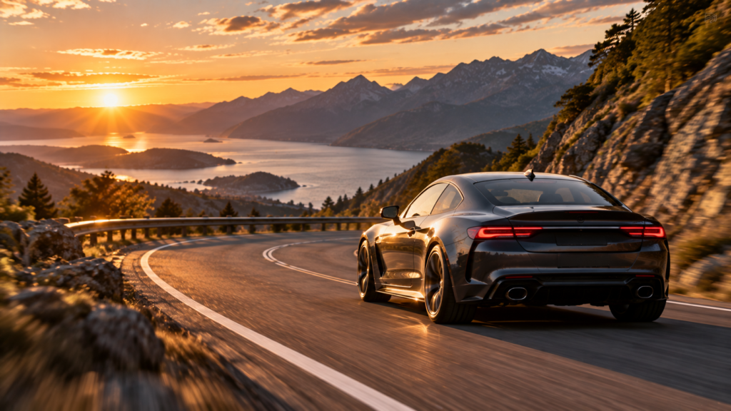 dark sports coupe driving through a winding mountain road at golden hour