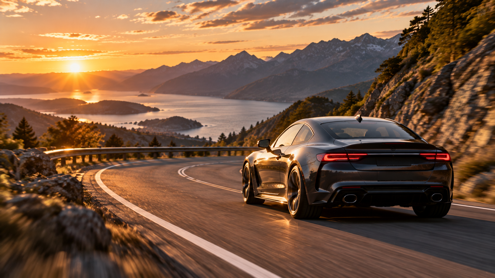 dark sports coupe driving through a winding mountain road at golden hour