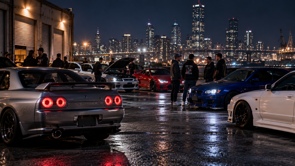 car enthusiasts gathering at a cinematic night car meet