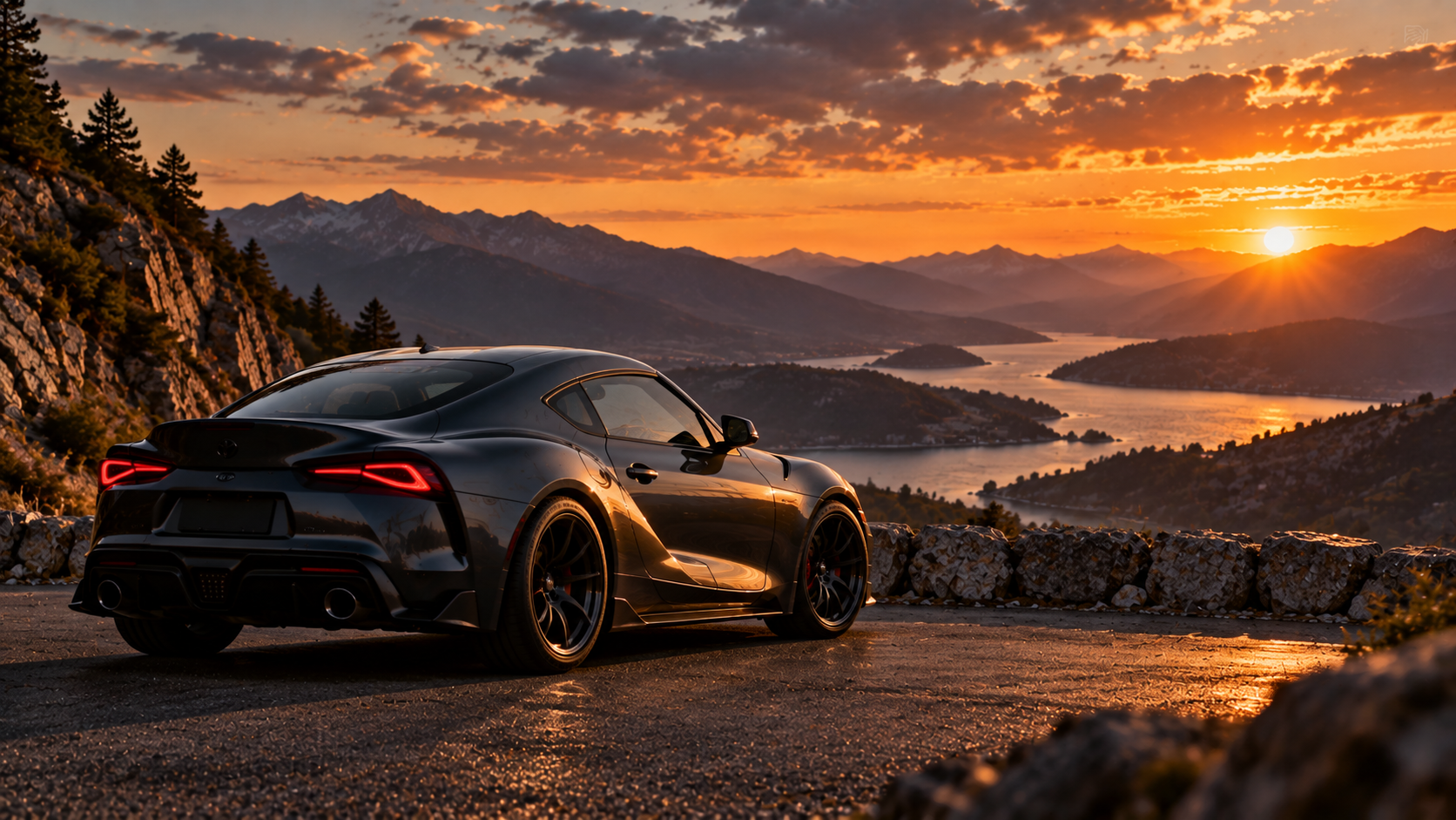 distinctive sports coupe parked at a mountain overlook at golden hour