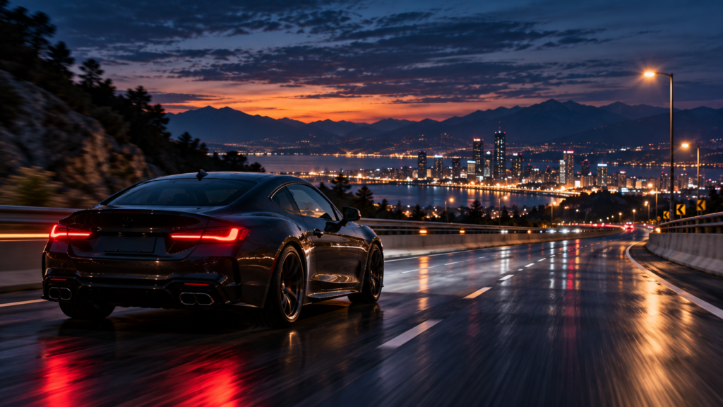 dark sports coupe cruising on a highway at night with city lights