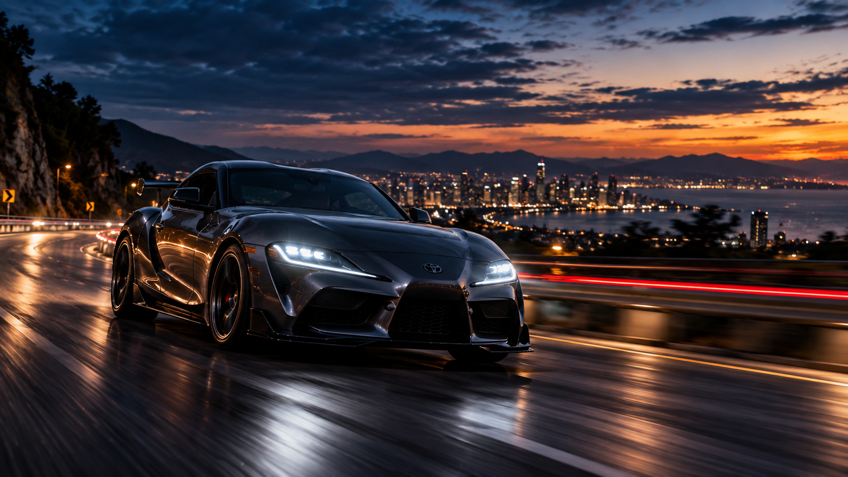 dark sports coupe driving on a highway at blue hour with city lights