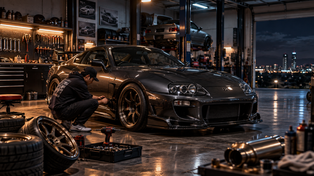 enthusiast working on a modified sports car in an automotive workshop