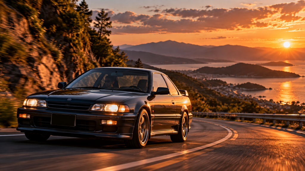 driver-focused sports coupe on a winding mountain road at golden hour