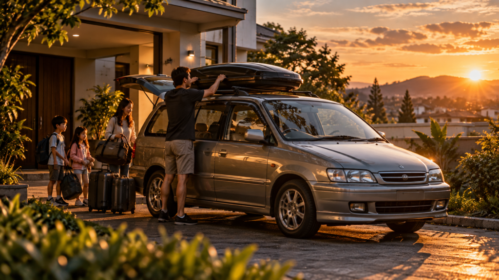 family car parked outside a home in warm evening light
